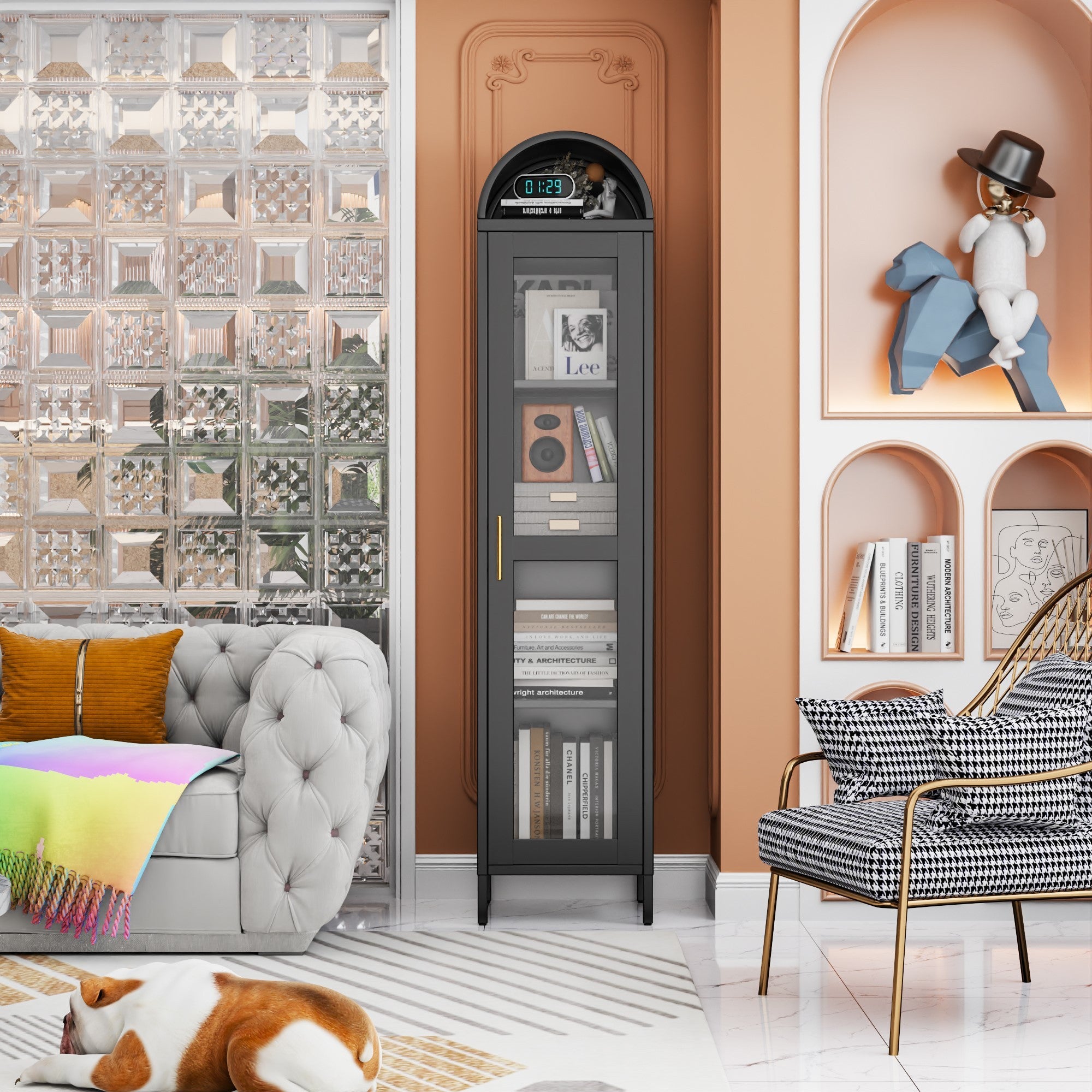 Coocosh Modern Cabinet with Glass Doors, Sleek Black Finish, 5 Feet Tall, Ideal for Stylish Storage in Contemporary Living Spaces.