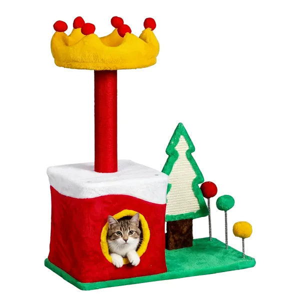 29.5in Christmas-Themed Plush Cat Tree — Multi-Level Cat Tower & Condo