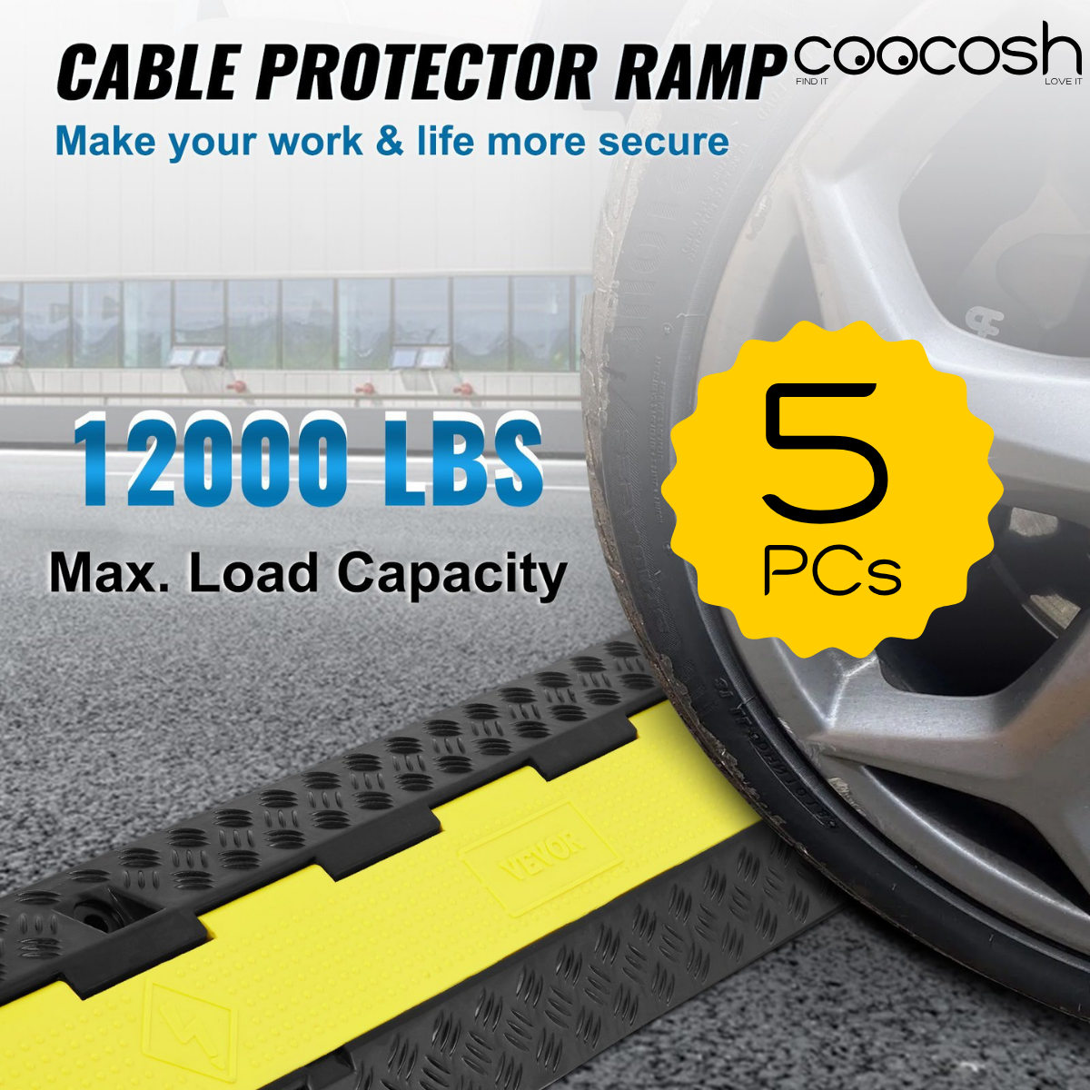 VEVOR 5PCs 2-Channel Heavy-Duty Cable Protector Ramp – 12,000 lbs Load, Interlocking, High-Vis Lid