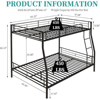 Heavy Duty Metal Bunk Bed Full Over Queen Frame for Adults - Noise Free, No Box Spring