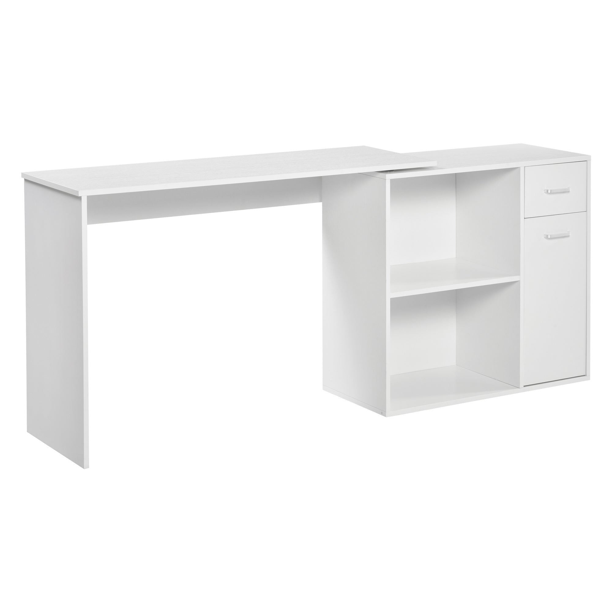 L-Shaped White Computer Desk With Rotating Shelves And Drawer Home Office Workstation