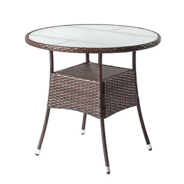 31.5" Round Brown Rattan Wicker Patio Table with Glass Top