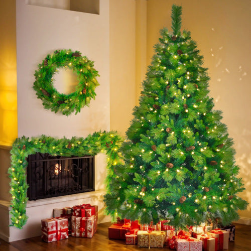6FT Grass Green Pre-Lit Christmas Tree Set with 9ft Garland & 1.64ft Wreath