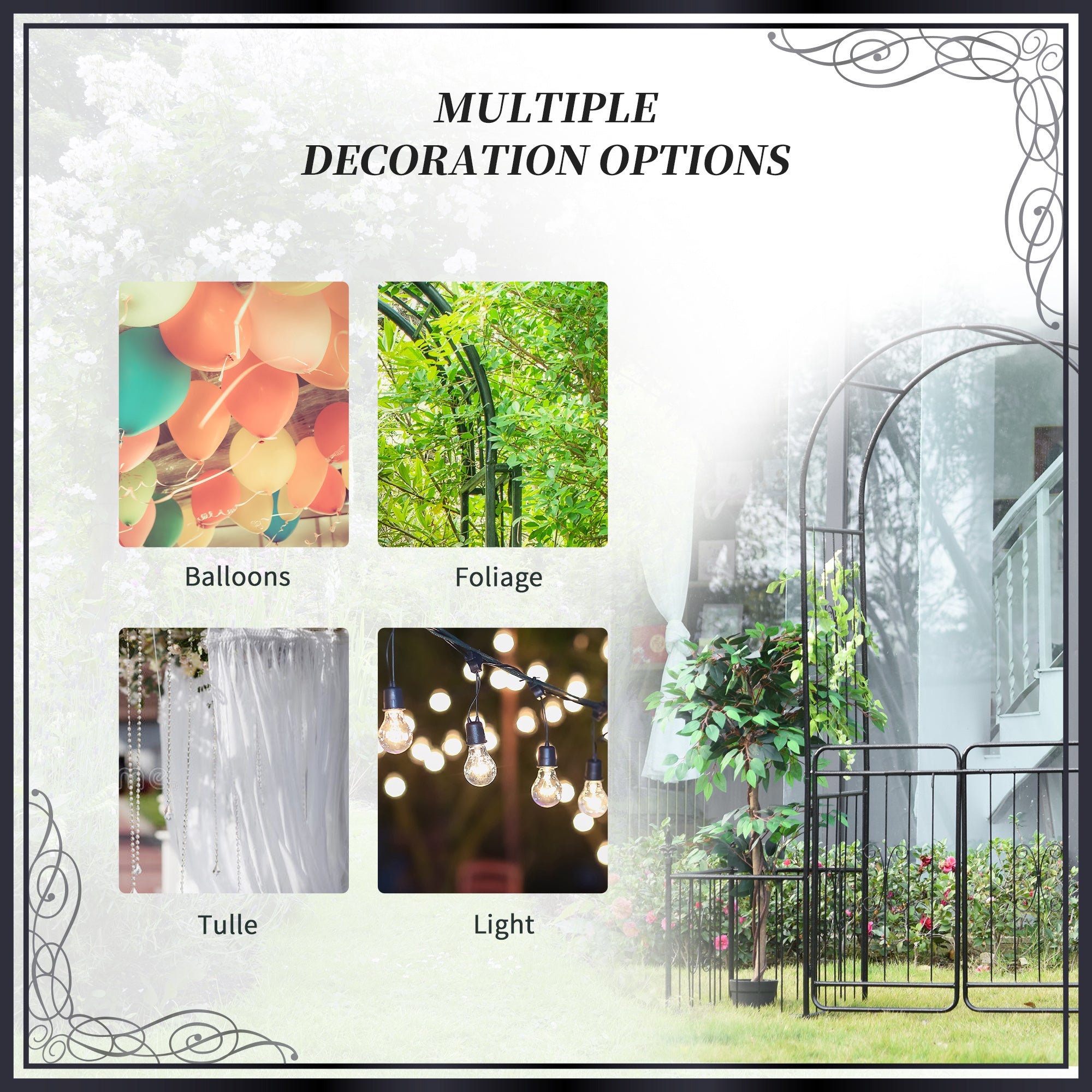 Coocosh Decoration Display featuring four versatile decoration options: colorful balloons, lush foliage, elegant tulle, and glowing lights, set in a beautiful garden context for event inspiration.