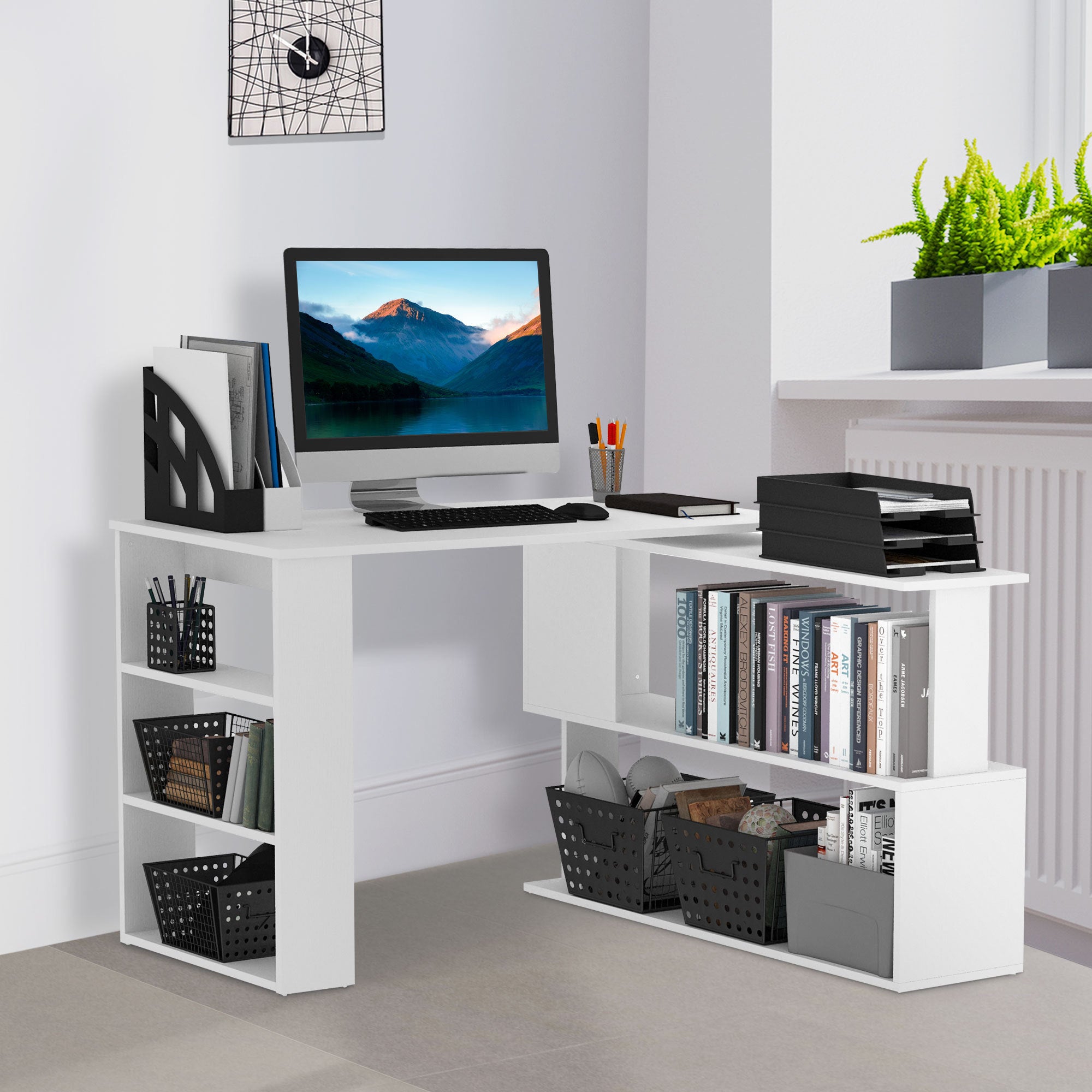 360° Rotating L-Shaped Corner Computer Desk with Storage Shelves, White
