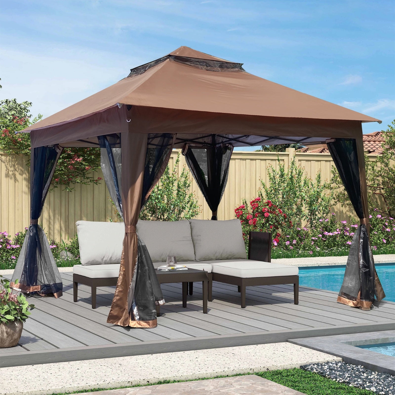 Outdoor 11x11 Ft Pop-Up Gazebo Canopy with Zipper Netting, 2-Tier Soft Top Tent - Brown