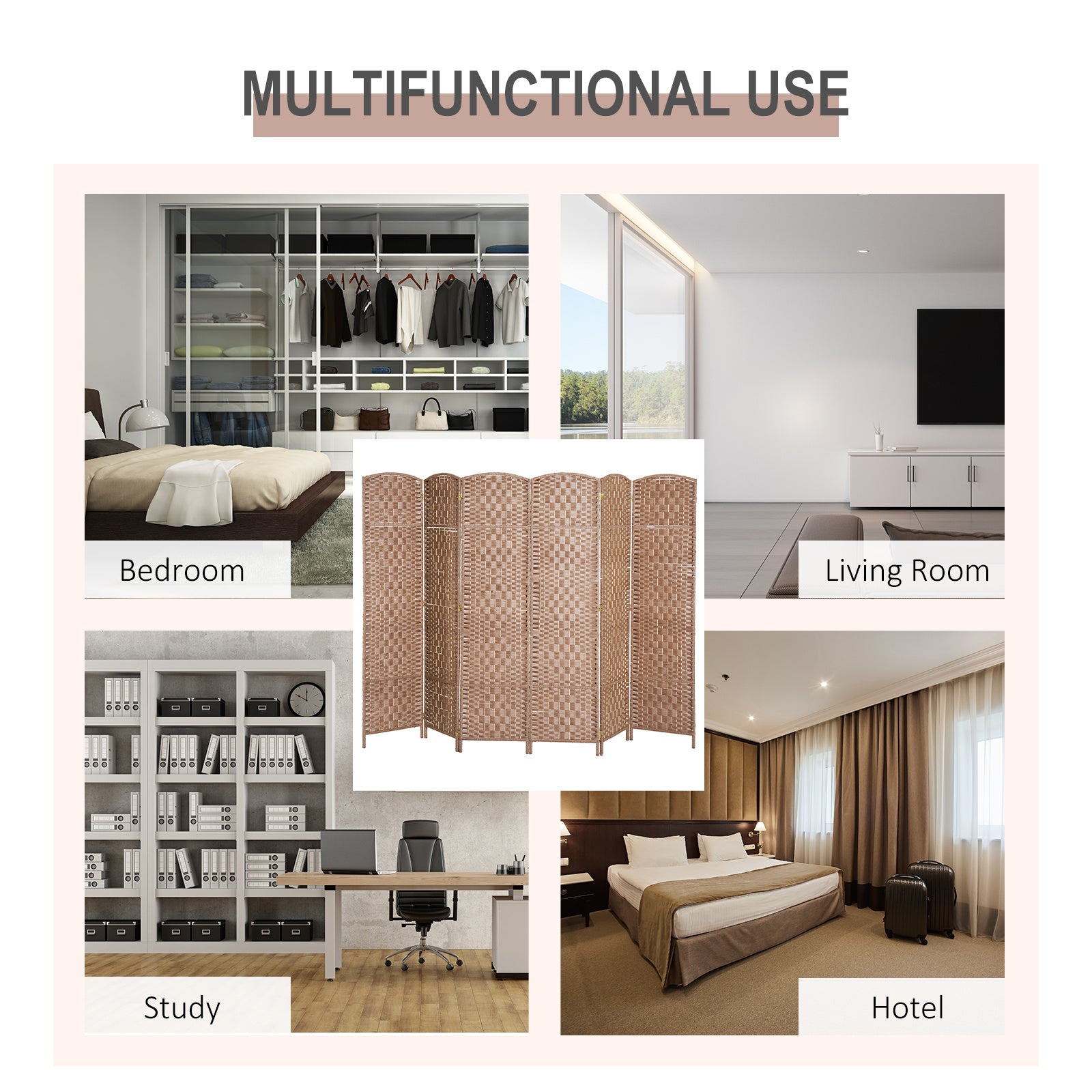 6 Panel Wicker Room Divider 6' Tall Privacy Screen - Natural Brown