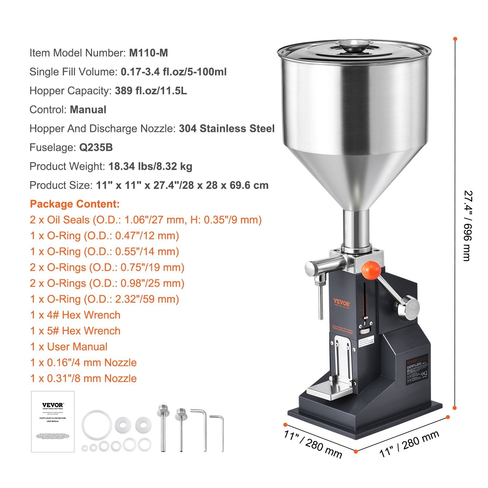 VEVOR Manual Paste Liquid Filling Machine, 5-100ml Bottle Filler, Adjustable Stainless Steel Hopper