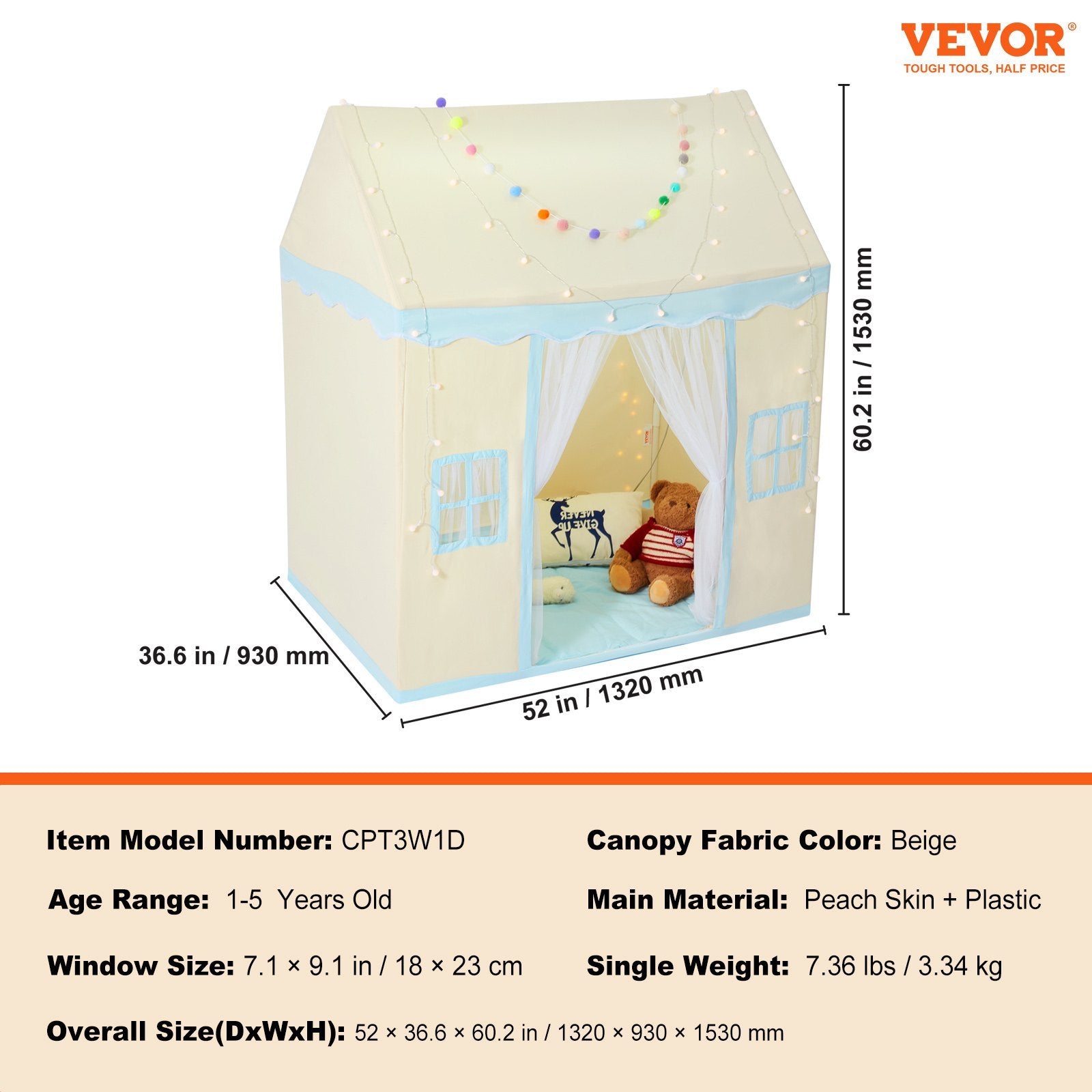 VEVOR Kids Play Tent, Indoor and Outdoor Castle Tent, Beige