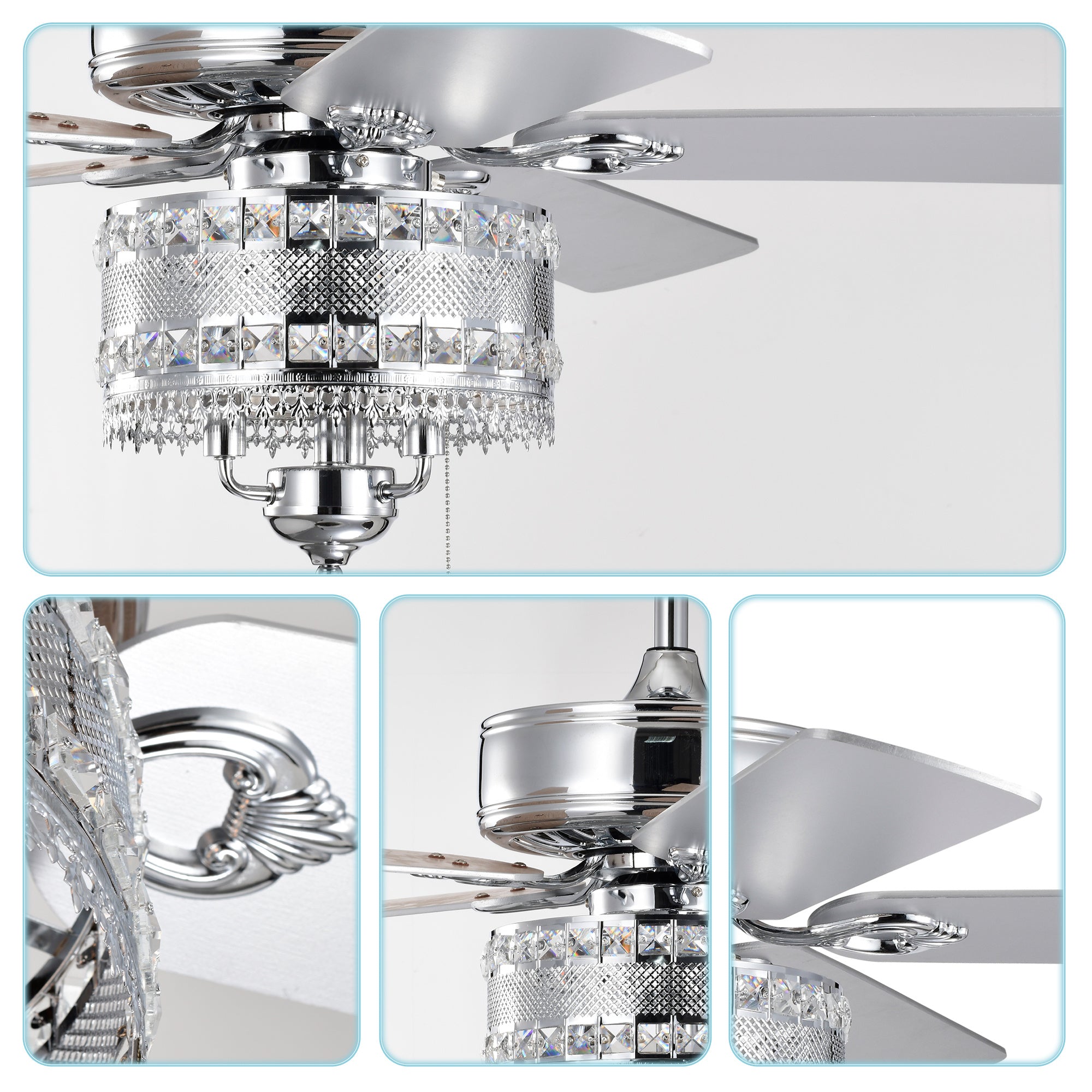 3-Light Chrome Drum Shade LED Ceiling Fan — Traditional Farmhouse Crystal 52"