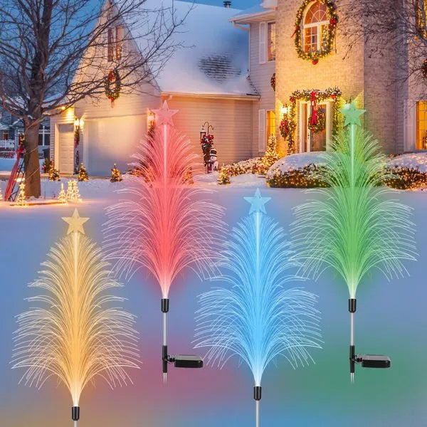 7-Color Solar Christmas Tree Stake Lights 4 Pack - Fiber Optic Cedar with Star
