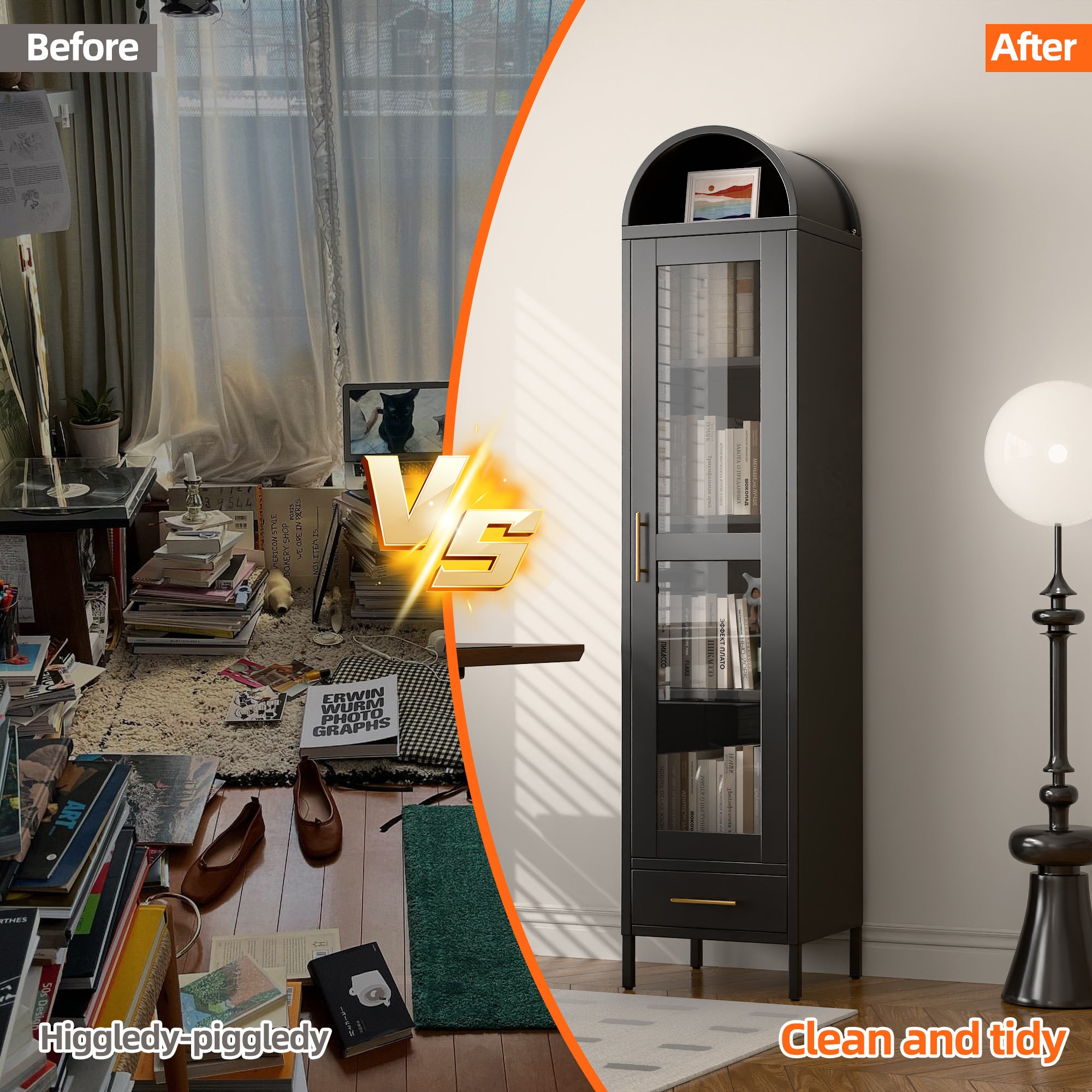 Metal Arched Household Storage Cabinet - Black & White