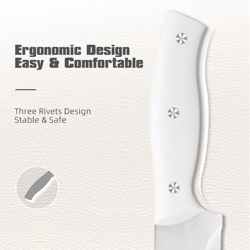 dbjjj 15-Piece White Kitchen Knife Set With Built-in Sharpening Stone, Ergonomic Triple-Rivet Handles