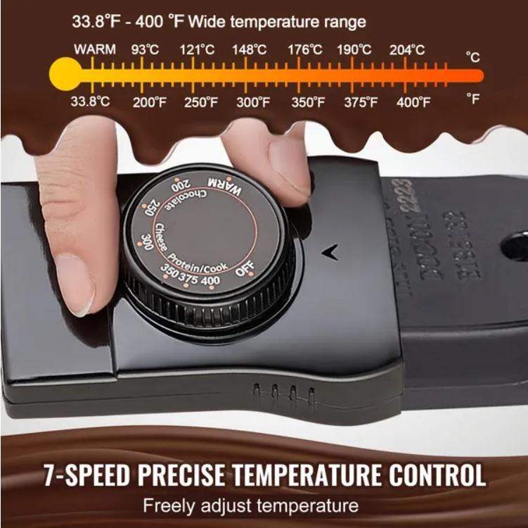 Coocosh Temperature Controller Black with 7-speed precise temperature control dial, displaying a wide range from 33.8°F to 400°F, held in a hand for easy adjustment.
