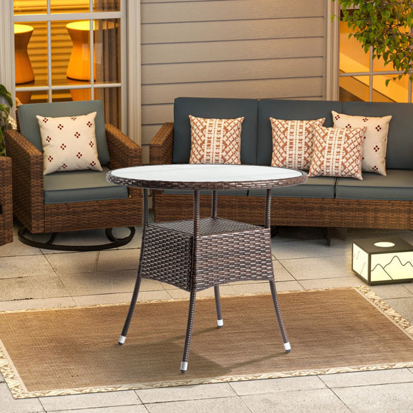 31.5" Round Brown Rattan Wicker Patio Table with Glass Top
