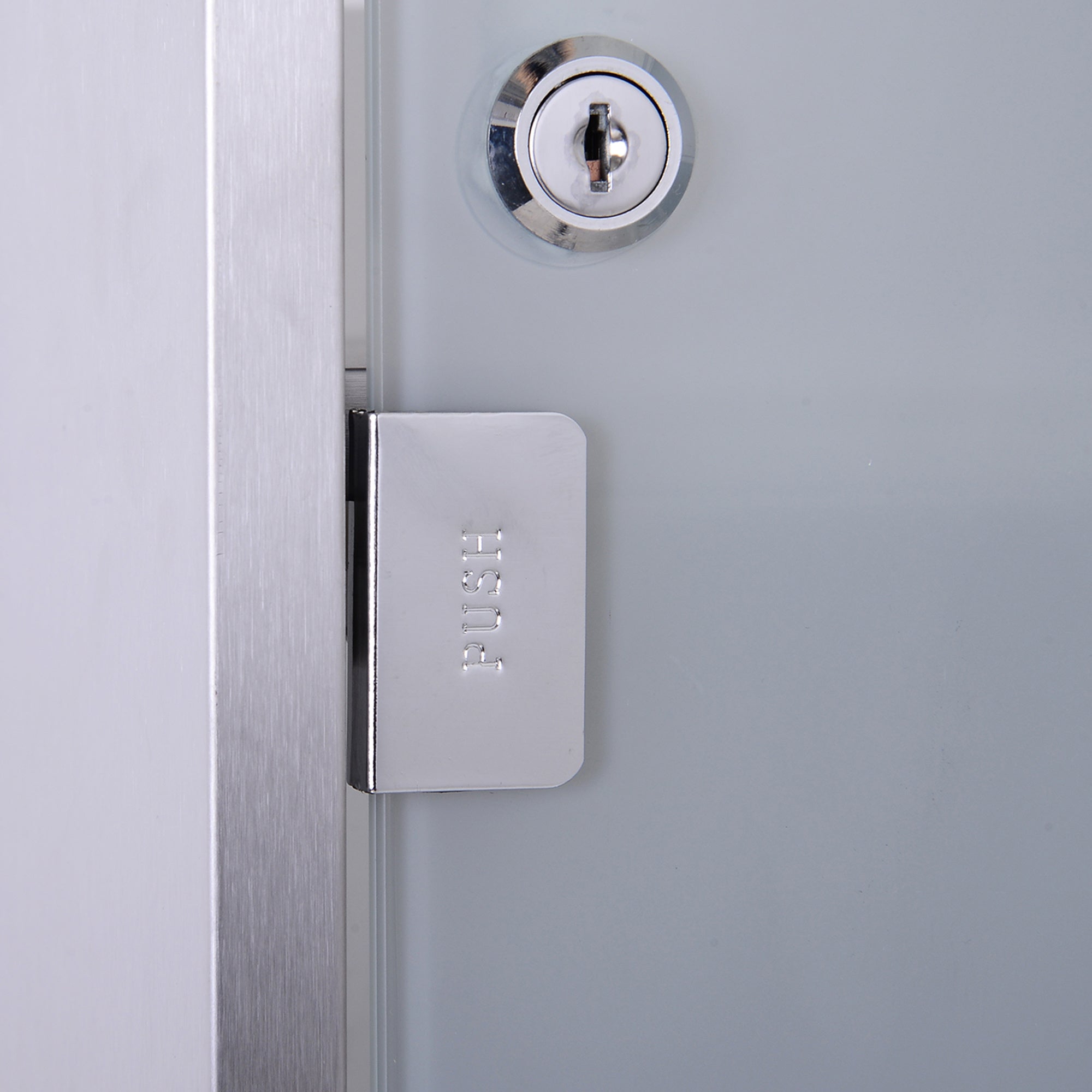 Coocosh lockable bathroom cabinet crafted in stainless steel, offering a three-tier shelf system and a clean white look, designed for easy organization of essential items and enhanced privacy.