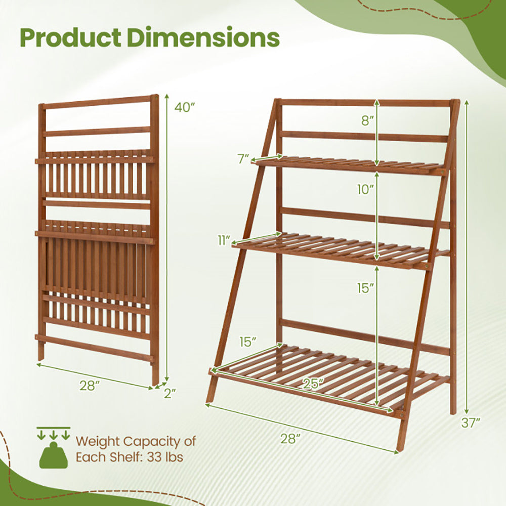 3-Tier Bamboo Ladder Shelf Foldable Plant Flower Bookshelf