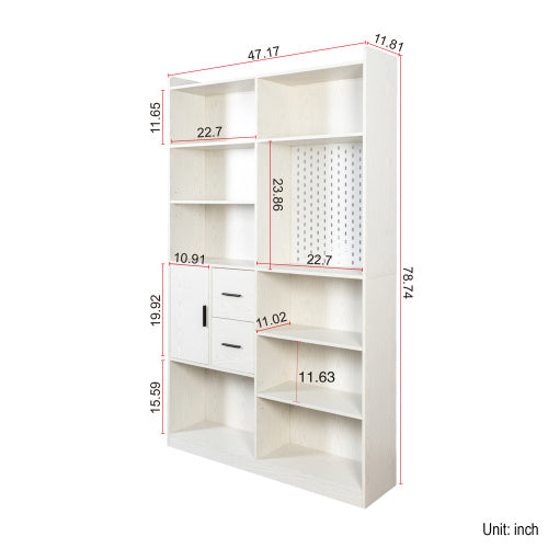Coocosh wide bookshelf constructed from MDF with 9 cubbies and a pegboard, presented in an elegant white finish; an ideal addition for home office or living room decor.