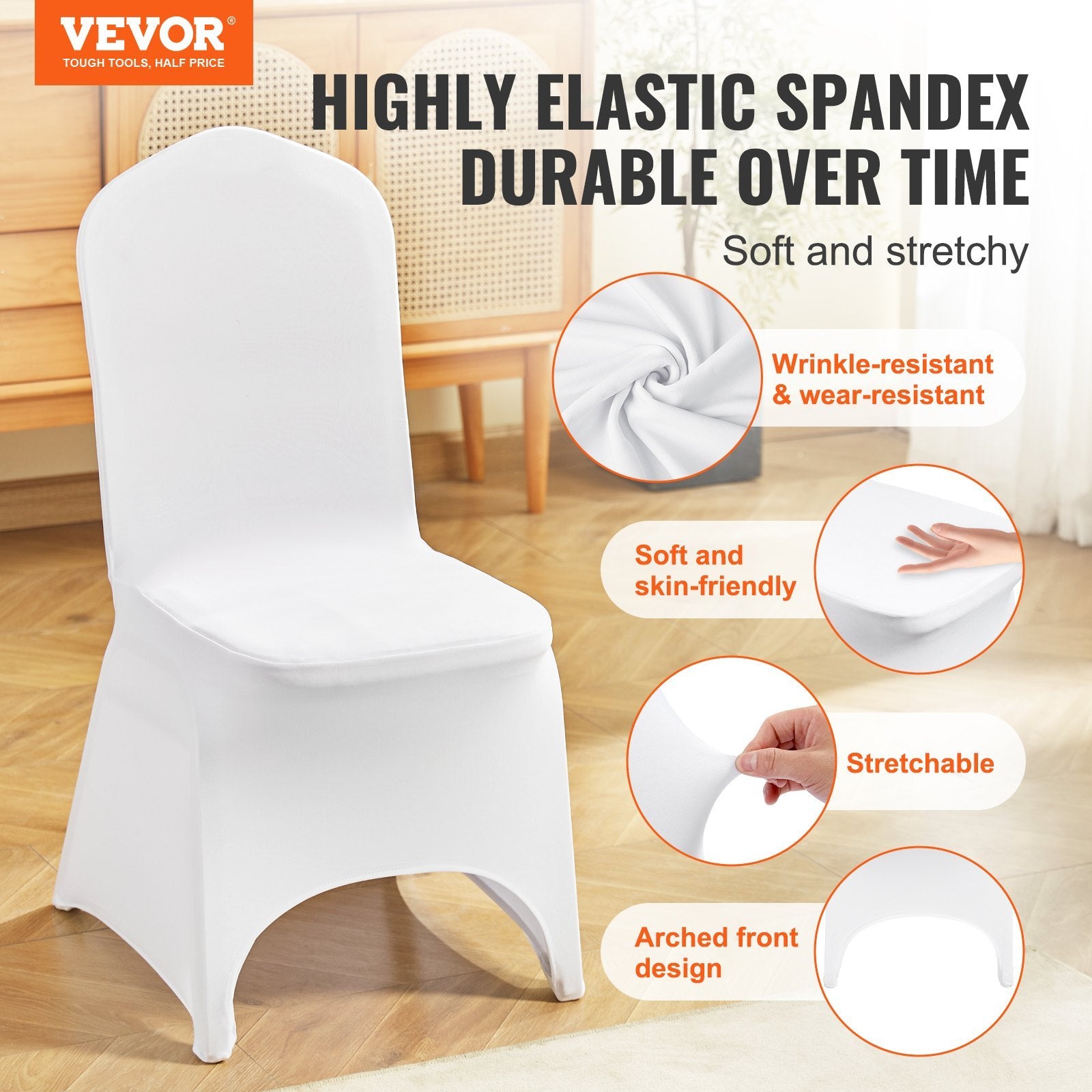 VEVOR Stretch Spandex Folding Chair Covers, Universal Fitted Arched Front Cover, Removable Washable Slipcovers, 50PCS White