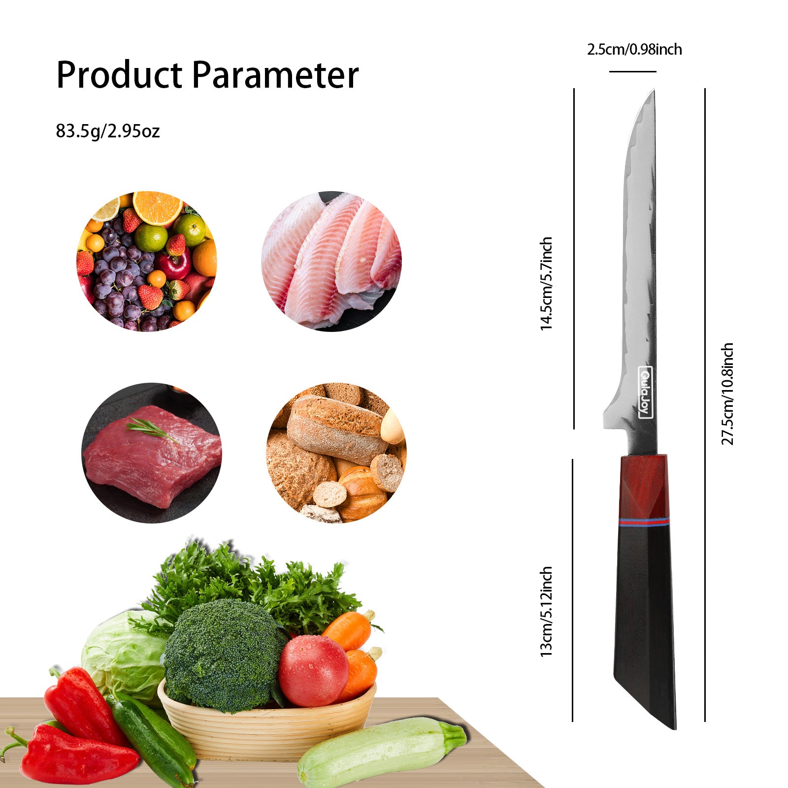 Krapone Chef Knife with serrated edge, made from high-quality stainless steel, featuring a wooden handle, measuring 27.5cm in length and 2.5cm wide, showcased against a backdrop of fresh vegetables and various food items.
