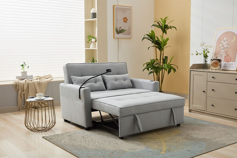 Futon Chair Bed Convertible 3-in-1 Pull-Out Sleeper with USB Ports, Wear-Resistant Leather Armchair Bed for Living Room