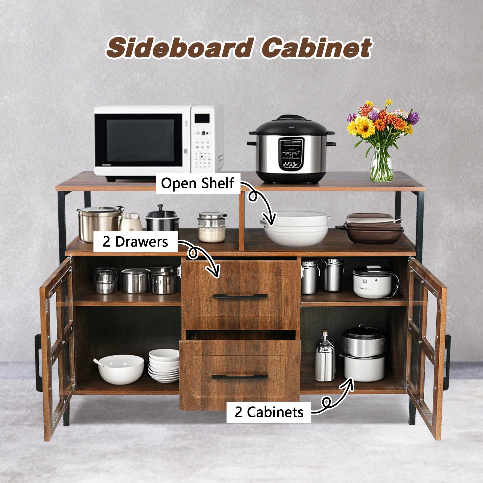 DL Store Living Room Buffet Cabinet with Glass Doors & Drawers — Brown