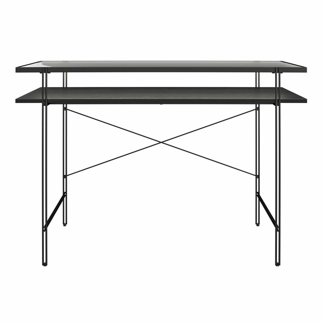 Coocosh Vance Computer Desk features an elegant open shelf, designed with a stylish black finish and fluted glass, ideal for productive podcasting environments.