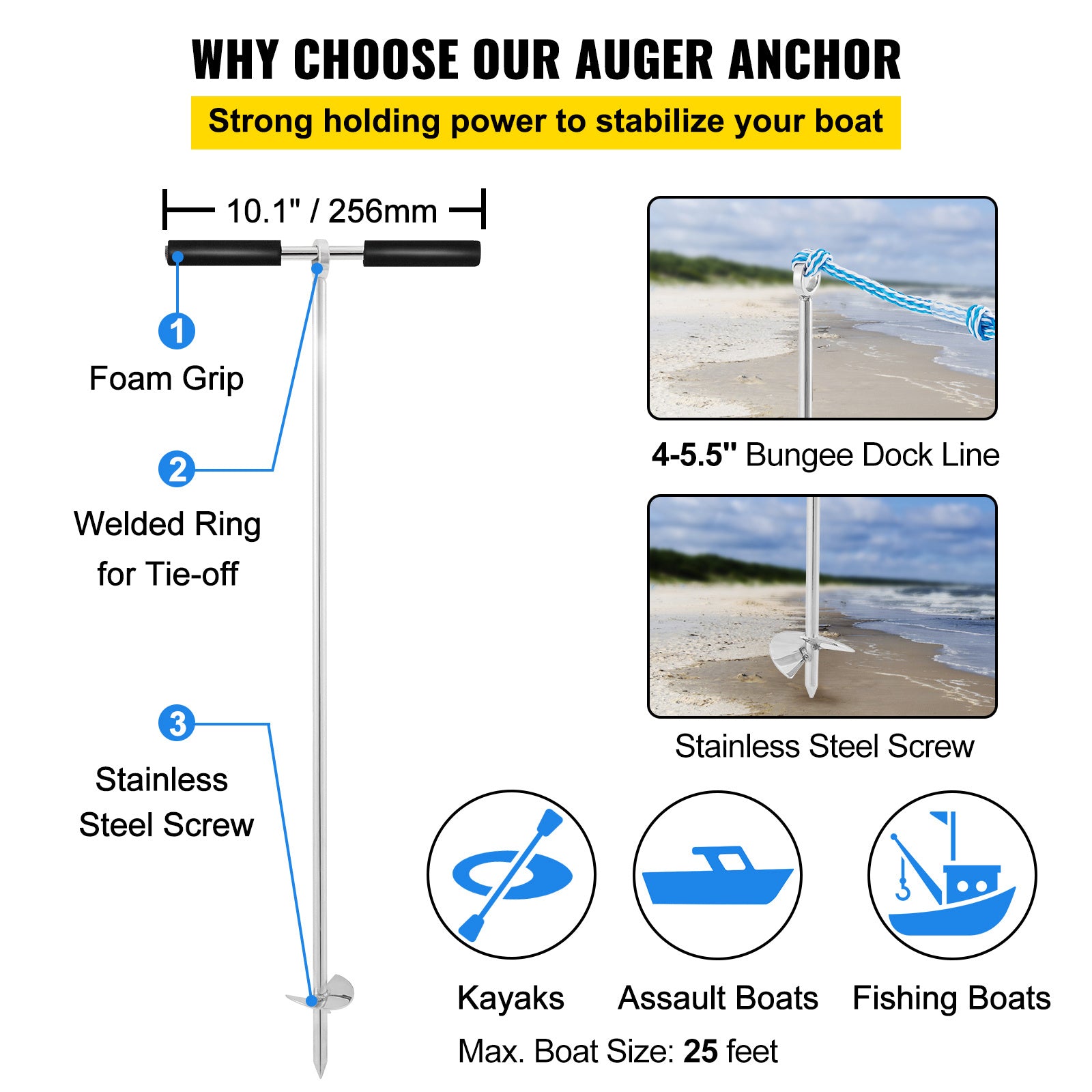 VEVOR Sand Anchor, Length Auger To The Beach And Sandbar, 316 Stainless Steel Screw Anchor W Removable Handle, Bungee Line & Carry Bag, For Jet Ski PWC Pontoon Kayak