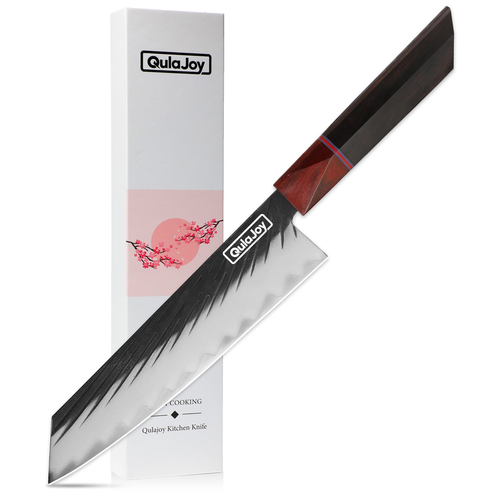 Qulajoy Kitchen Knife features a beautifully polished blade with a wooden handle, presented alongside its packaging, ideal for cooking enthusiasts. The blade is metal.