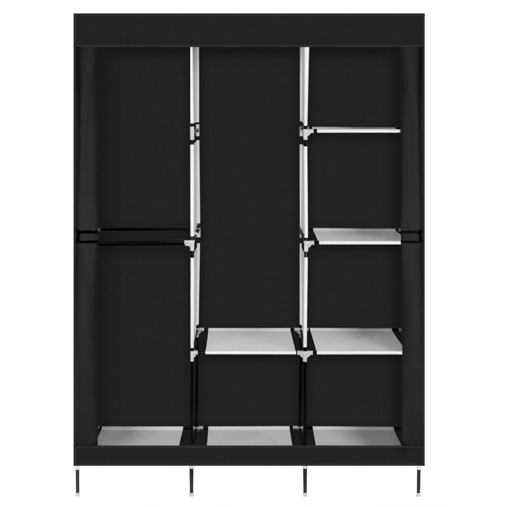 Coocosh versatile clothes rack, featuring a chic black exterior, resilient non-woven fabric, and effective shelving, tailored for stylish clothing storage solutions.