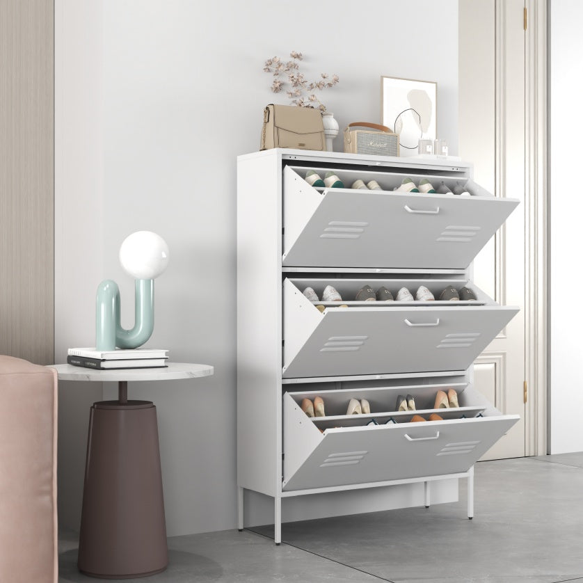 Coocosh Shoe Storage Organizer with four spacious compartments, crafted from durable MDF, in a pristine white finish. Dimensions: 40cm wide, 130cm tall, positioned in a modern living space.