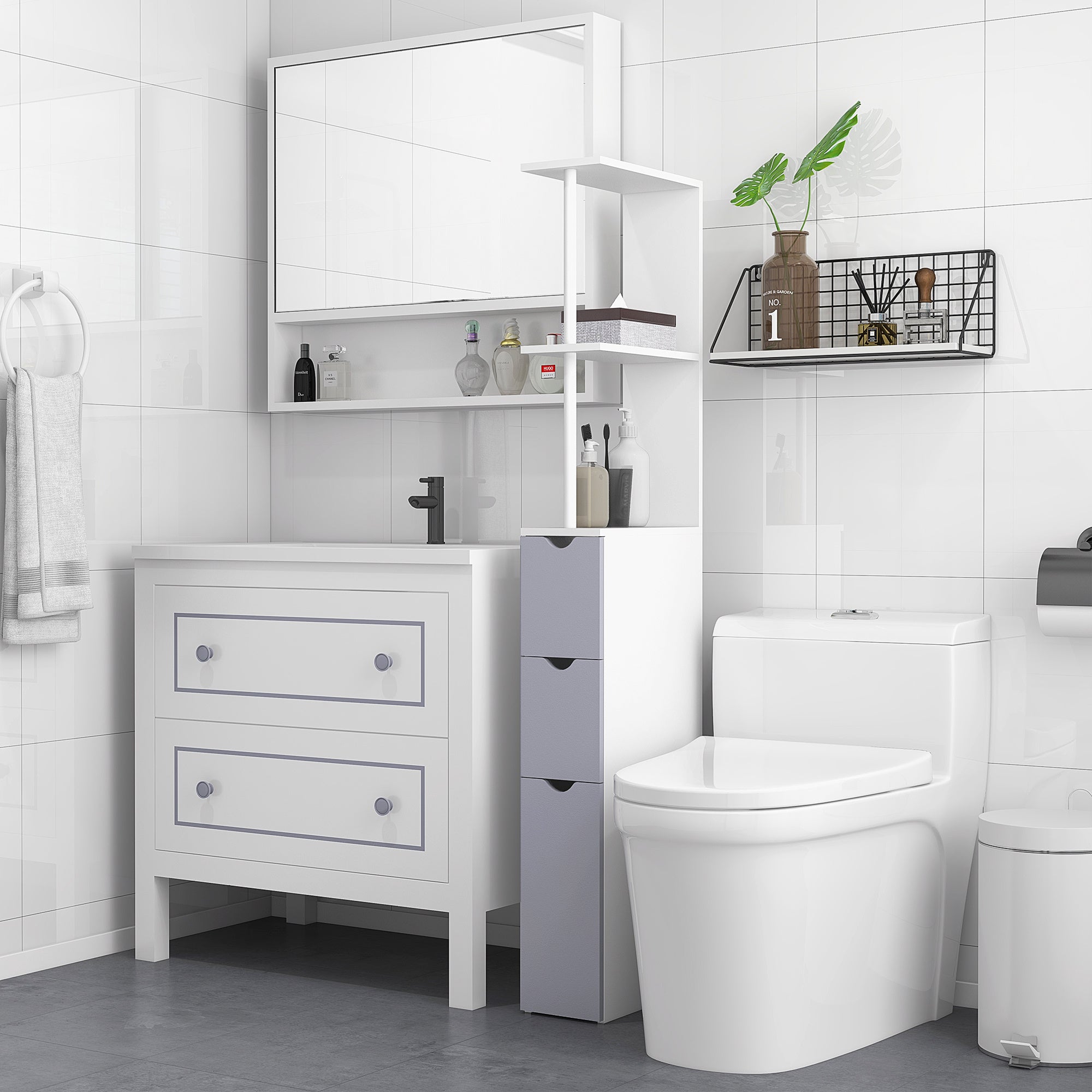 Coocosh Bathroom Vanity Set with Integrated Mirror, Modern White Finish, Functional Design, Stylish Floating Shelves, 120x80x60 cm, Close-up Perspective showcasing storage options and sleek fixtures.