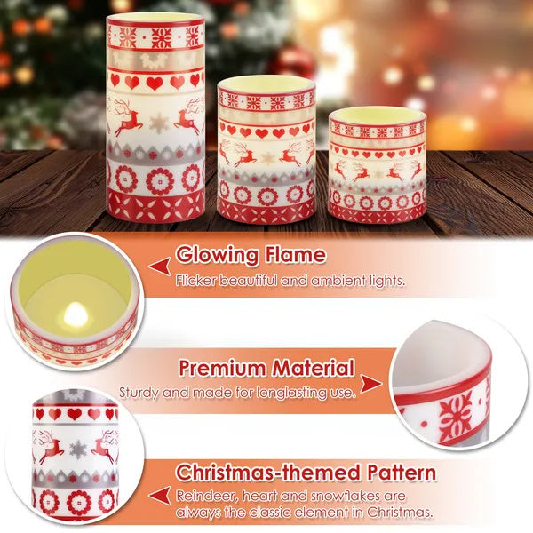Christmas Flameless LED Candles — Deer Pattern, Remote & Timer (3 pcs)