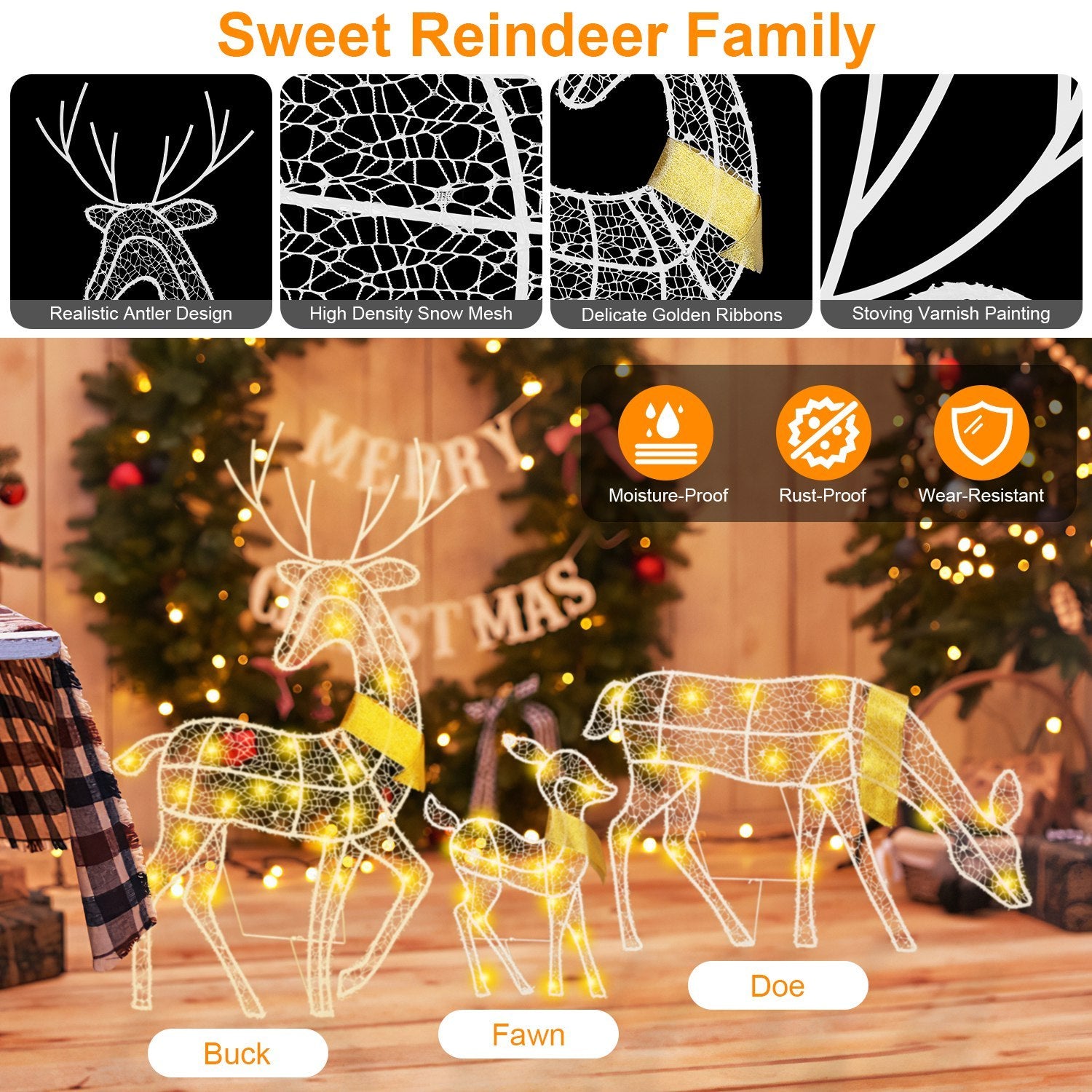 3 Sets Lighted 2D Reindeer Family — Warm Yellow LED Christmas Decoration (Buck, Doe, Fawn)