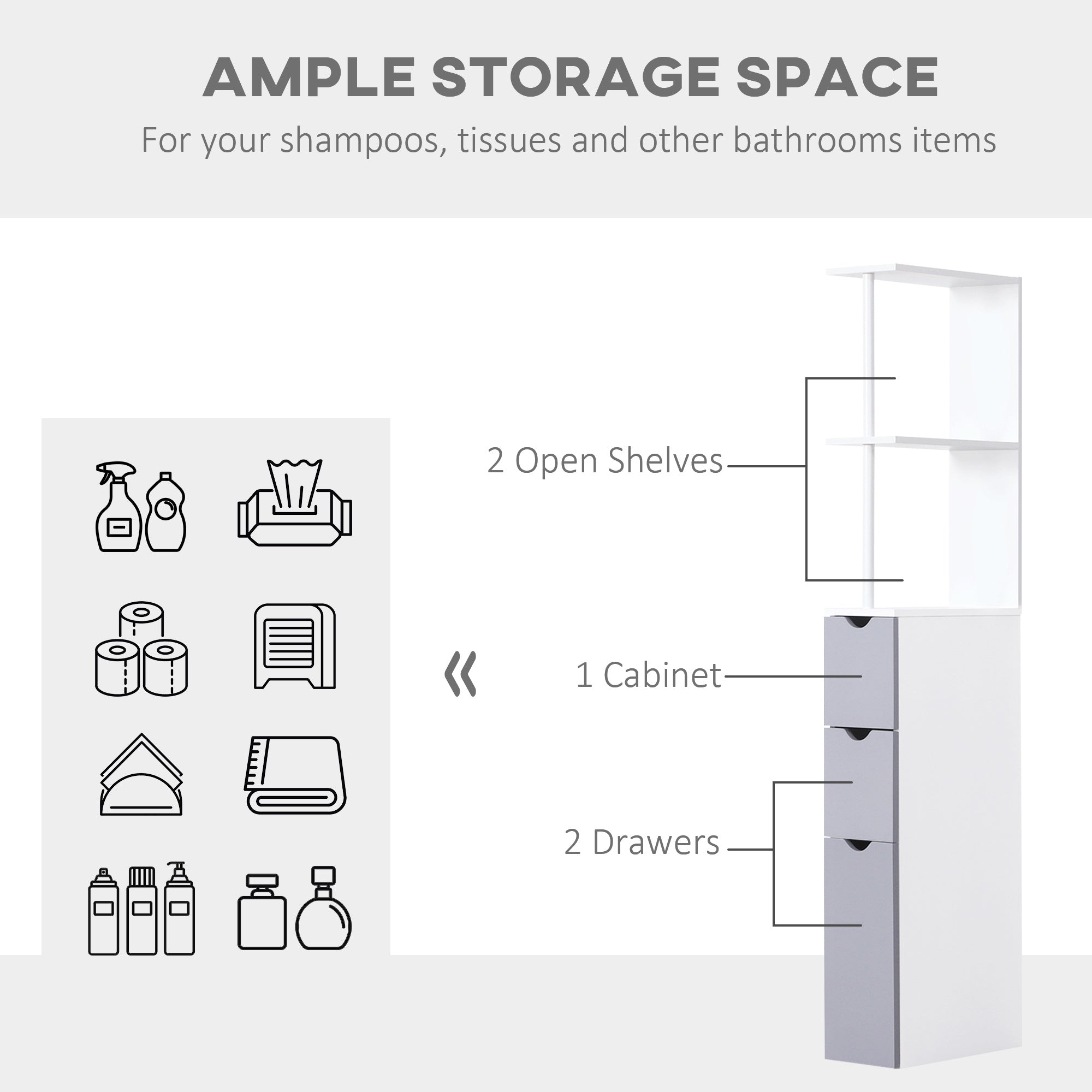 Coocosh Bathroom Organizer Unit with ample storage featuring two open shelves, one cabinet, and two drawers, designed in a modern white and gray color scheme, dimensions suitable for compact spaces, viewed from a main perspective.