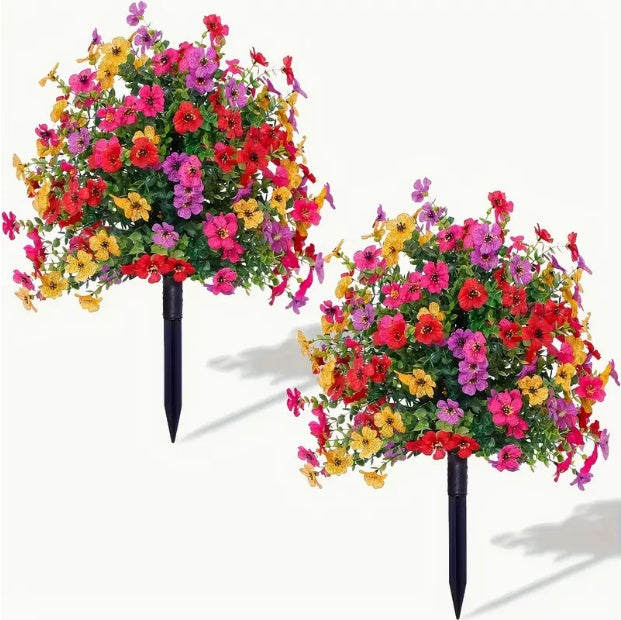Coocosh Flower Planters Set featuring vibrant red, yellow, and purple faux flowers with sturdy black spikes for easy ground insertion, ideal for outdoor decoration, bringing a colorful touch to your garden.