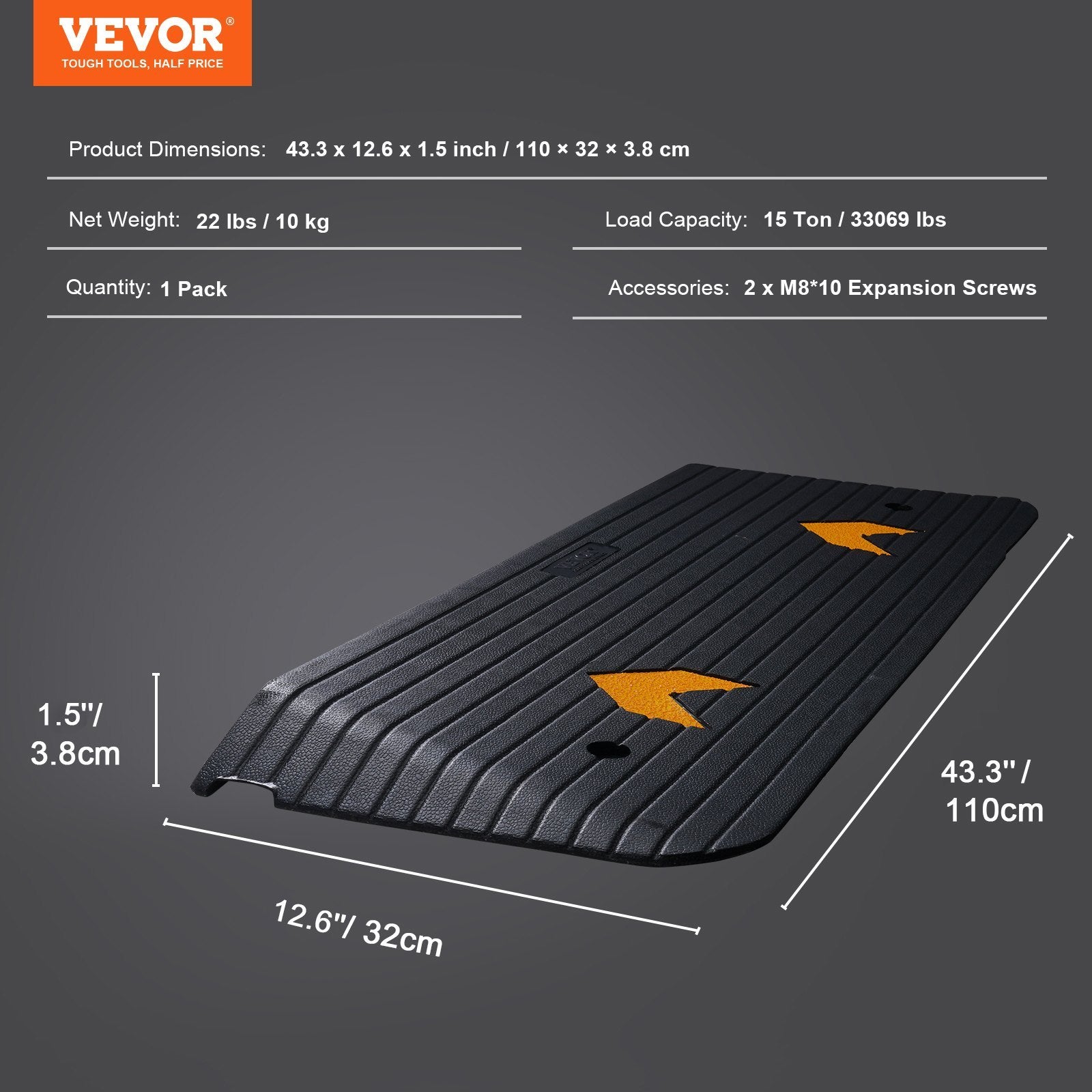 VEVOR Upgraded Rubber Threshold Ramp — 15 Ton Heavy-Duty Curb Ramp (Black)