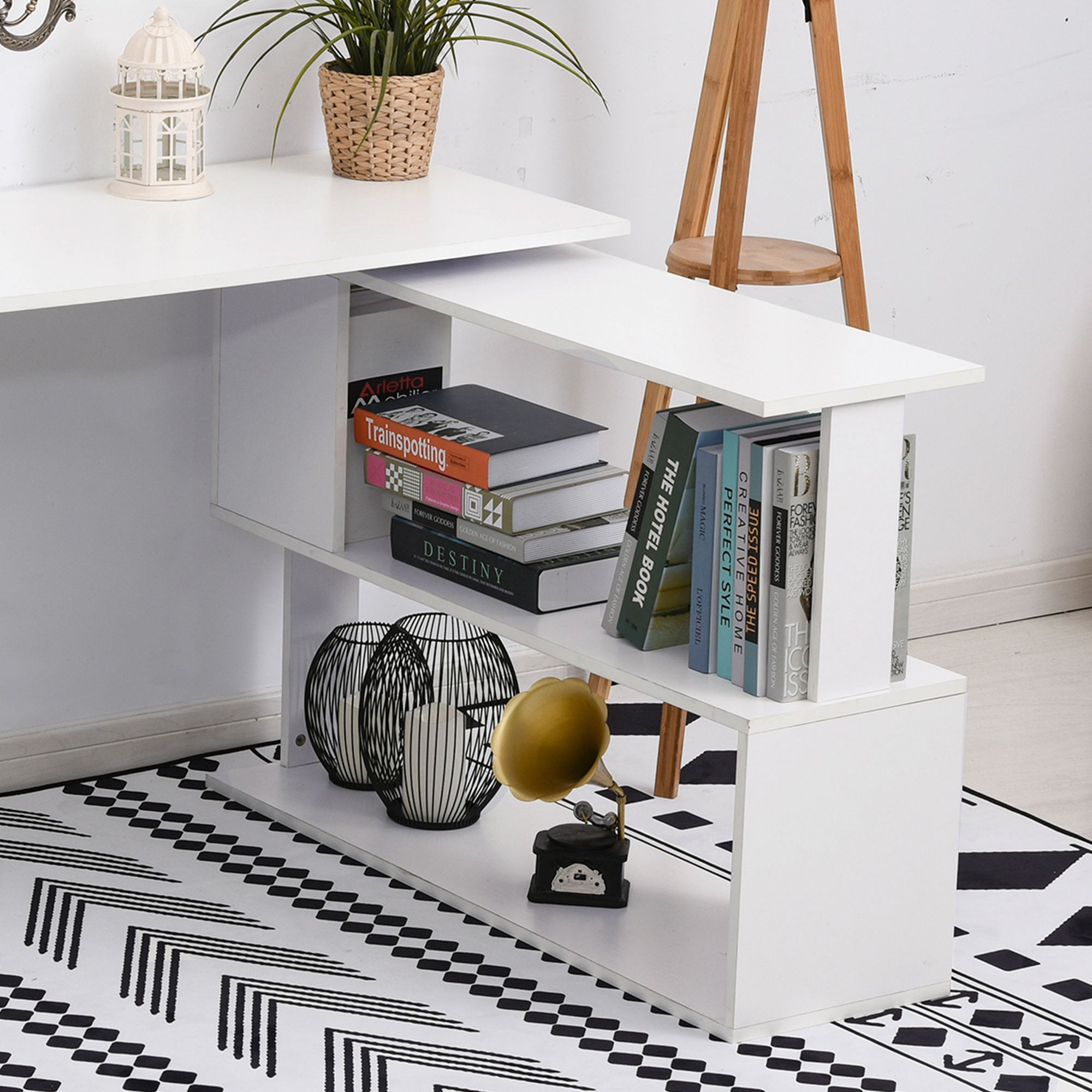 360° Rotating L-Shaped Corner Computer Desk with Storage Shelves, White