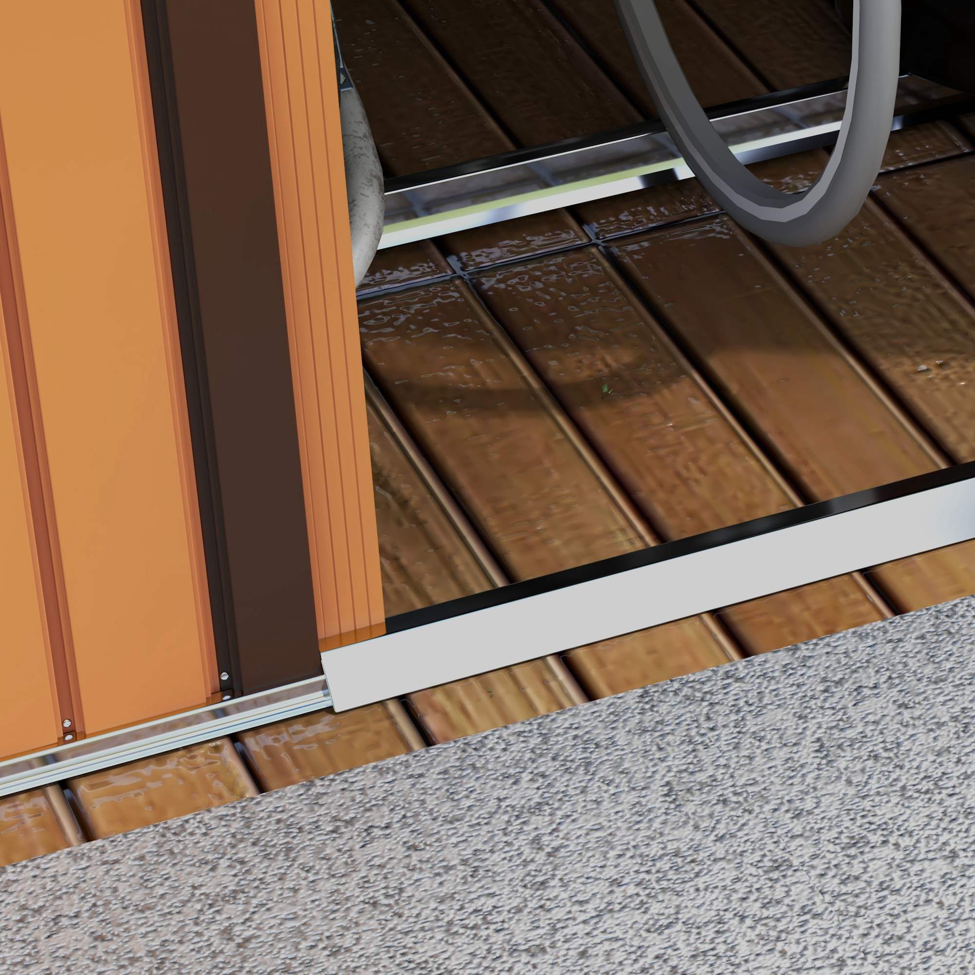 Coocosh Outdoor Structure with Durable Sliding Door Frame, Textured Orange Panels, 5'x3' dimensions, emphasizing clean lines and modern aesthetic in an indoor setting.