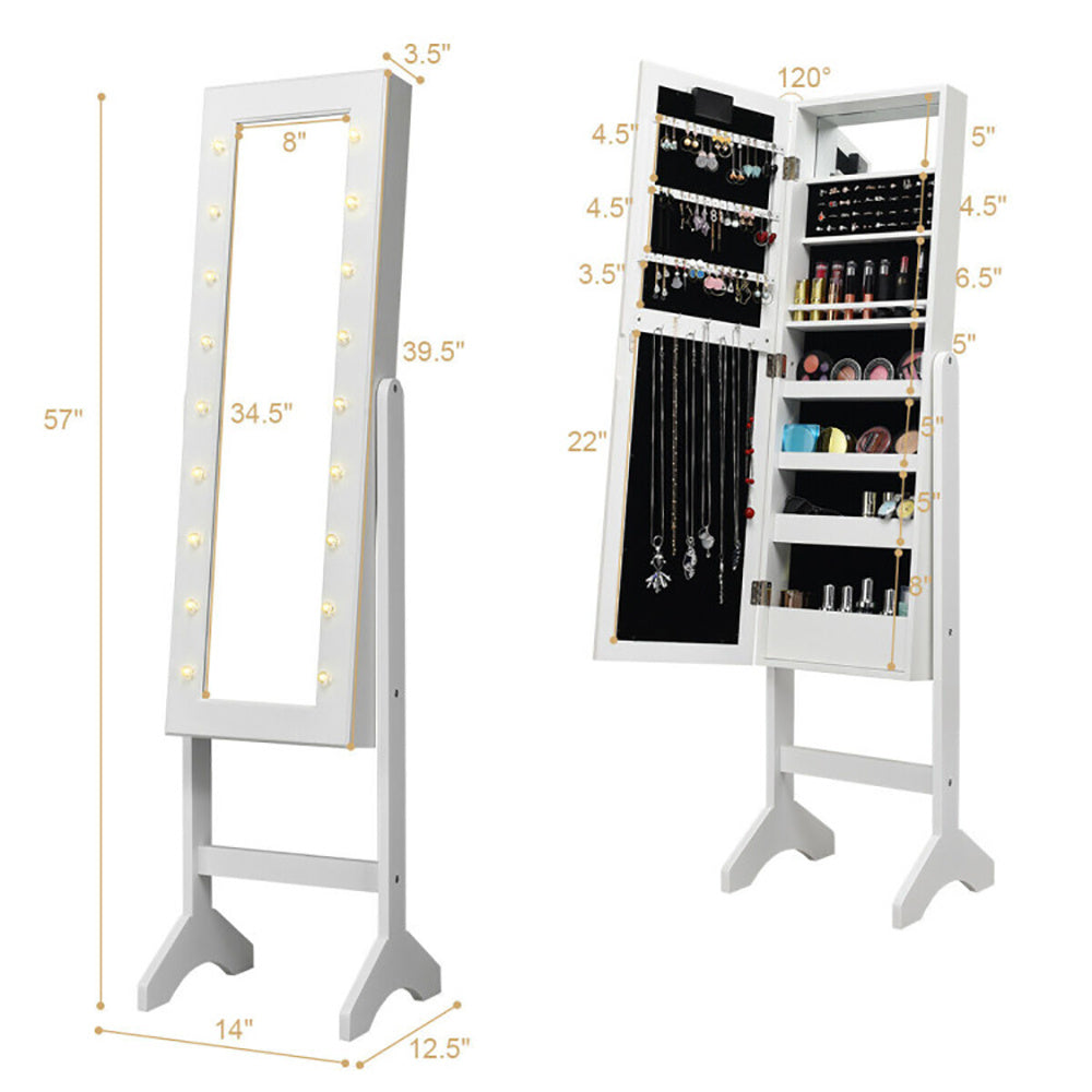 Coocosh standing jewelry armoire with mirror and LED lights, white, 57" tall, features interior organization and open cabinet.