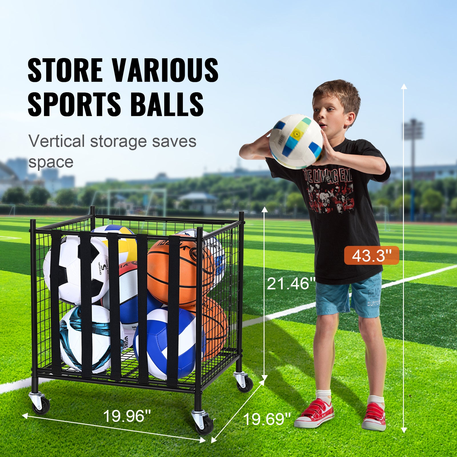 VEVOR Rolling Sports Ball Storage Cart, Lockable Steel Cage With Elastic Straps