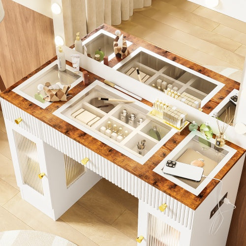 43.3" Vanity Desk With Large Mirror & Hollywood Bulbs — Modern Glass Top Makeup Vanity with Drawers, RGB Cabinets & Power Outlet