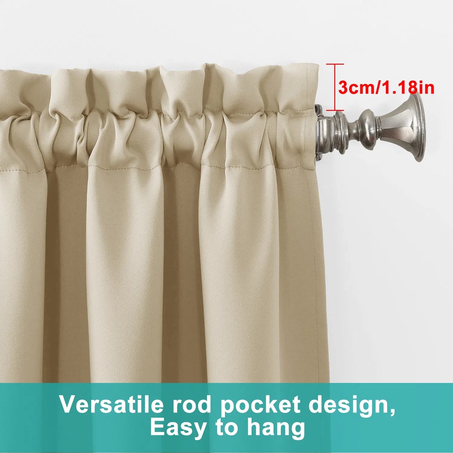 Coocosh Curtain Panel with rod pocket design in beige, easy to hang, featuring durable polyester material, ideal for versatile home decor, dimensions 3cm/1.18in top opening, shown in a detailed close-up view.
