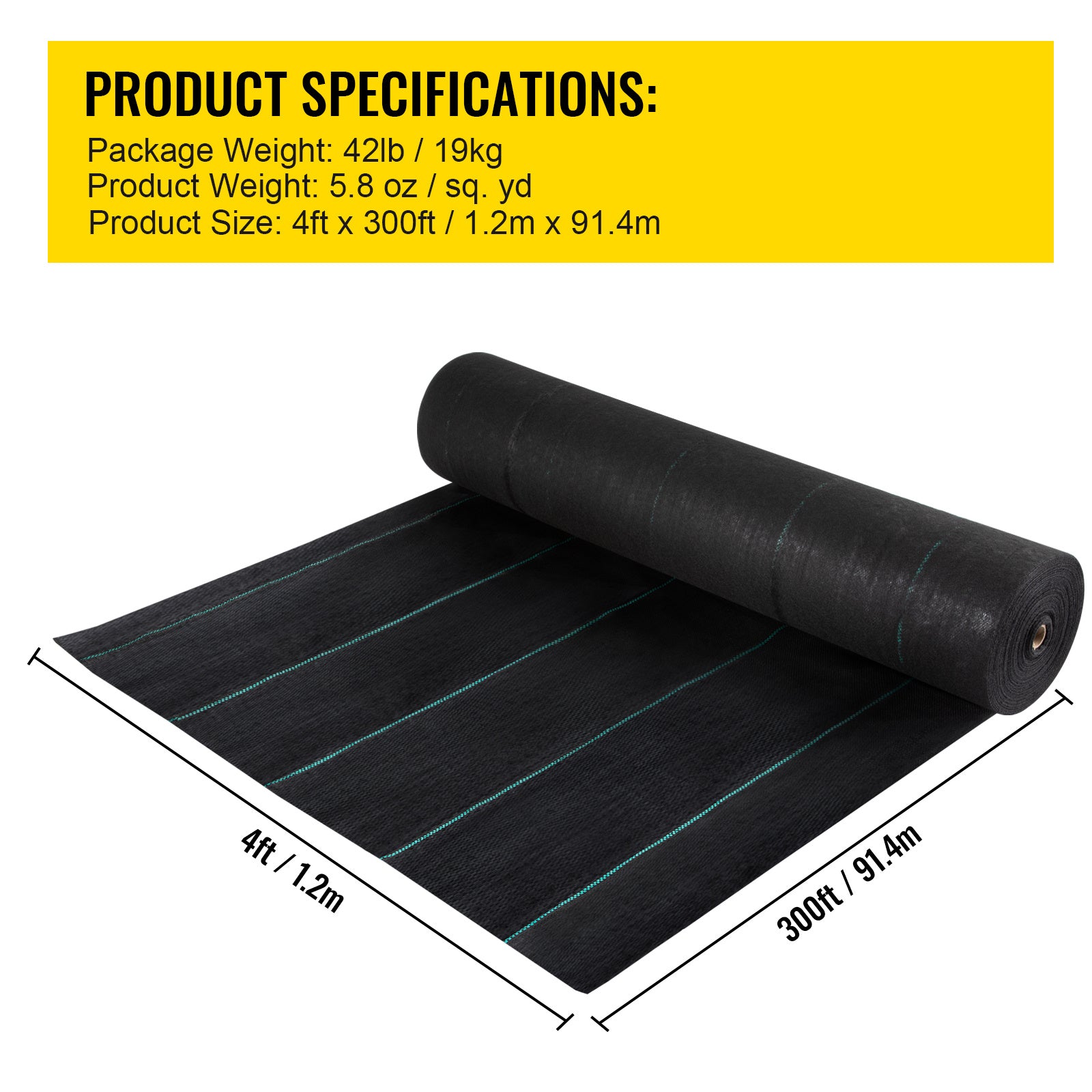 VEVOR Weed Barrier, 5.8oz Landscape Fabric, 4ft X 300ft Cover Mat Heavy Duty Woven Grass Control Geotextile For Garden, Patio, Black