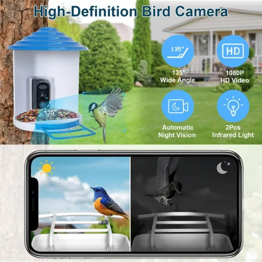 Smart Bird Feeder With Solar Powered 1080P Camera, AI Identify, PIR Motion, Two-Way Audio (IP65)