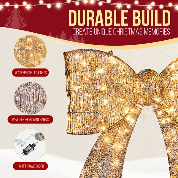 Pre-lit Outdoor Giant Bowknot Christmas Decoration, 124 Warm White LEDs, Golden