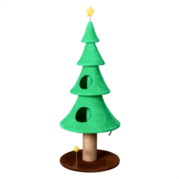 59in Large Tall Christmas Tree Cat Tower With 2 Cat Condos & Scratching Post, Soft Fleece, Teaser Toy, Sturdy Base - Green