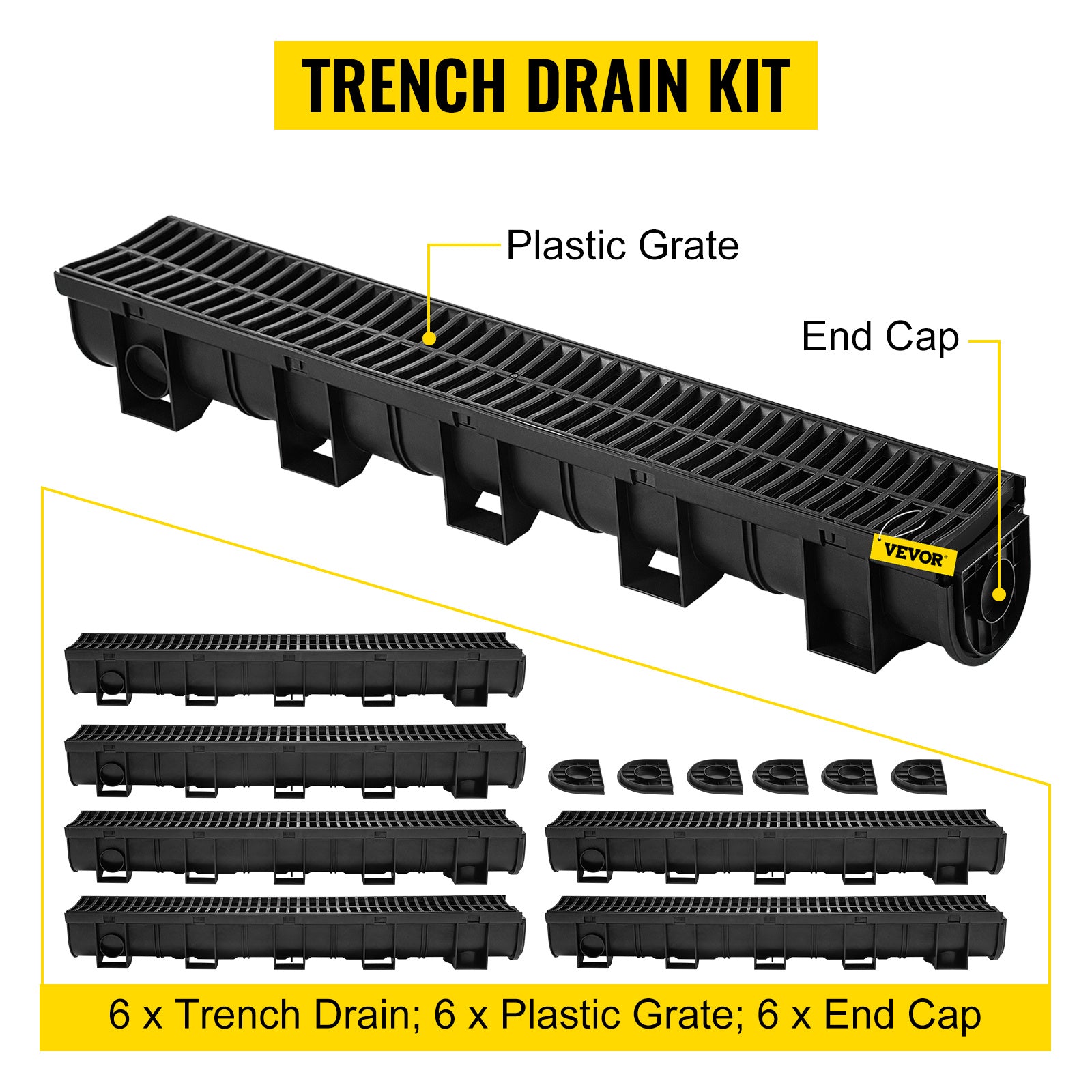 VEVOR Trench Drain System, Channel Drain with Plastic Grate, 5.9x5.1-Inch HDPE Drainage Trench, Black