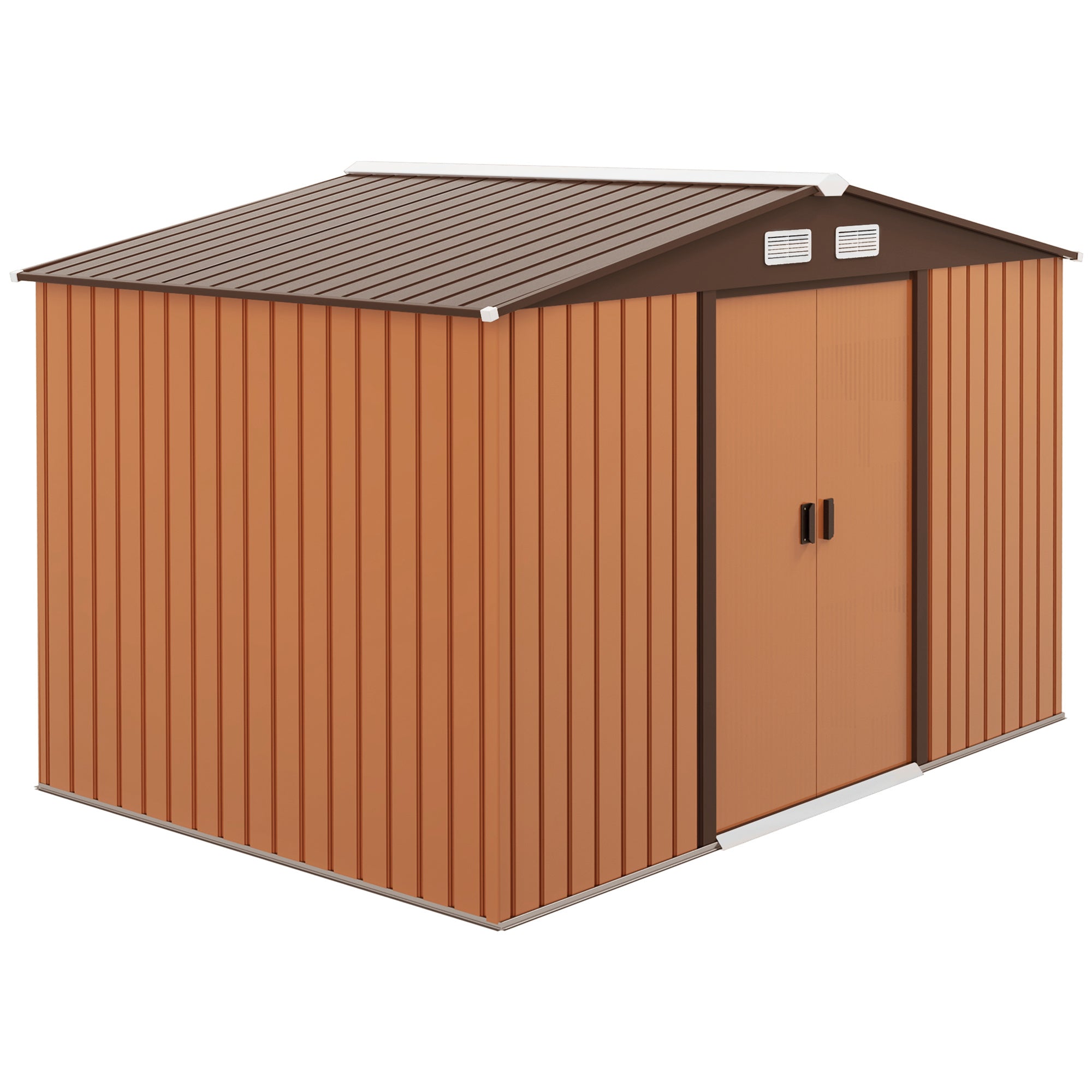 Coocosh storage shed featuring a durable brown metal roof and vertical orange siding, with double doors and visible vents, presented in a main view angled shot to showcase its practical outdoor storage solution.