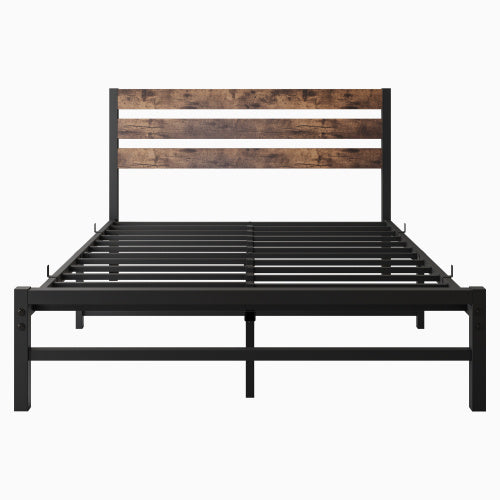 Full Size Platform Bed Frame With Rustic Vintage Wood Headboard, Strong Metal Slats Support Mattress Foundation, No Box Spring Needed Rustic Brown